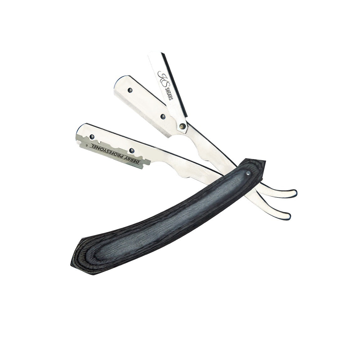 Professional Straight Edge Razor - Grey Black Wooden Handle - Razor Blade Holder