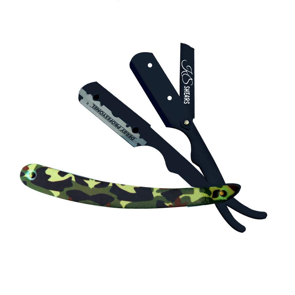 Professional Straight Edge Razor - Camouflage Printed Handle - Stainless Steel