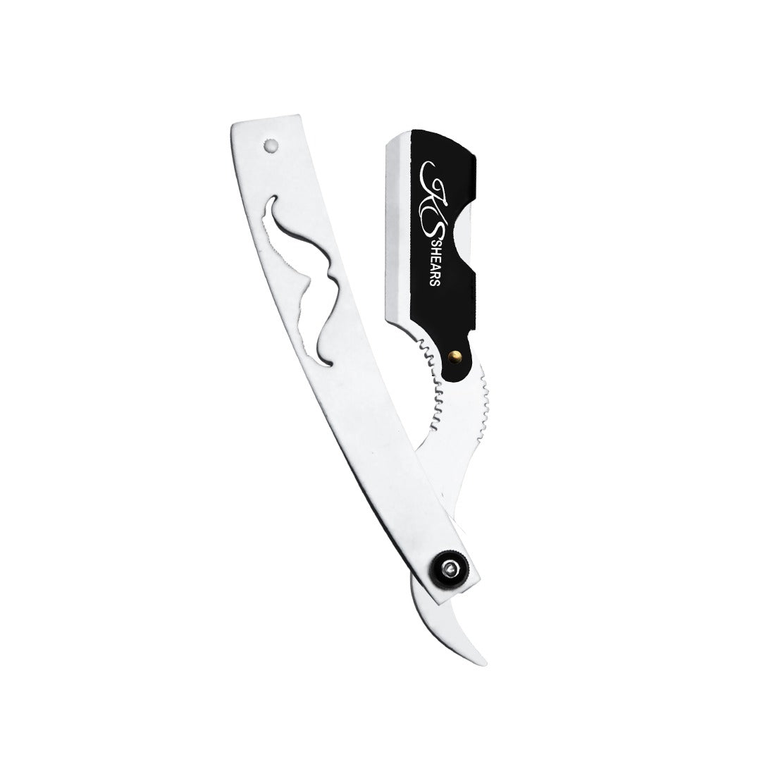 Professional Barber Edge Razor - Big Moustache White Handle - Adjustable Screw