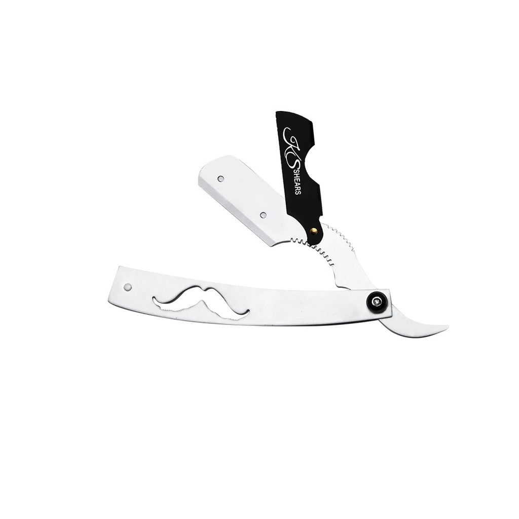 Professional Barber Edge Razor - Big Moustache White Handle - Adjustable Screw
