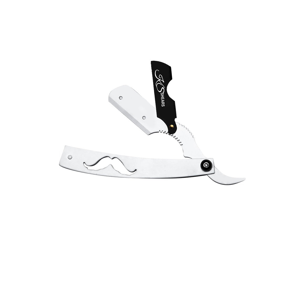 Professional Barber Edge Razor - Big Moustache White Handle - Adjustable Screw