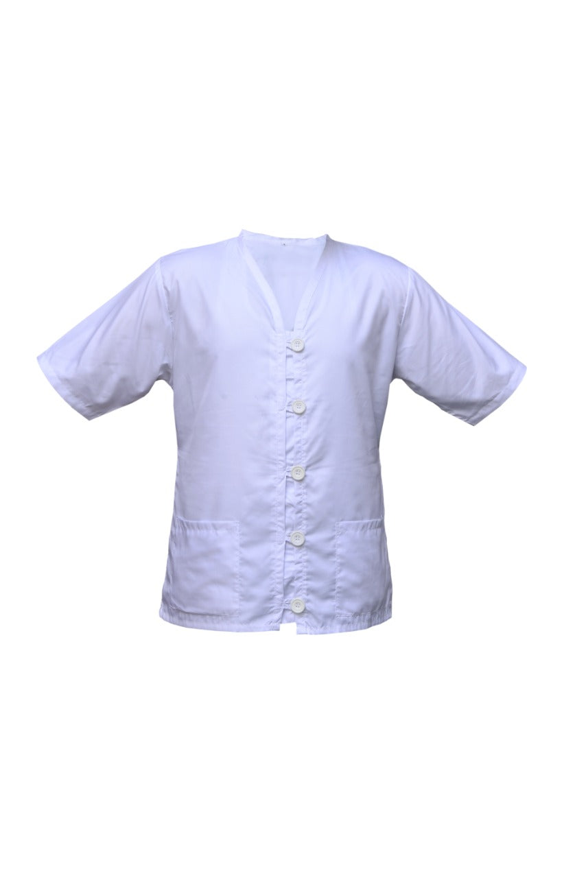 Professional Barber Jacket - V-Neck Design - 5-Button - White - Barber Uniform Shirt