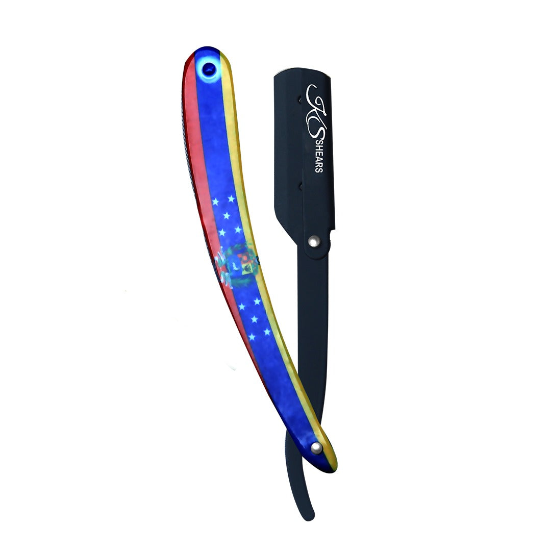 Professional Straight Edge Razor - Flag Coated Handle -Black Stainless Steel Edge