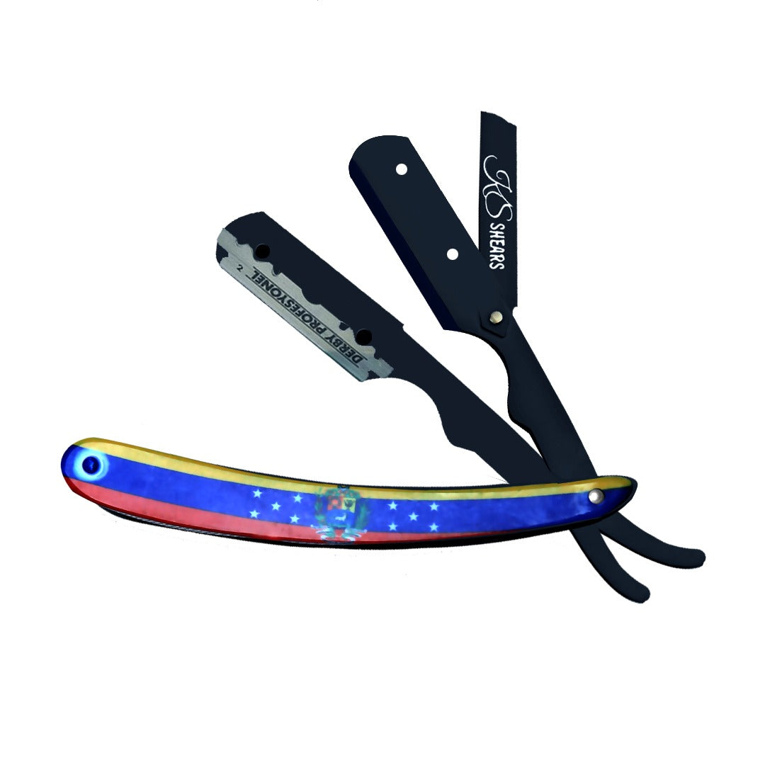 Professional Straight Edge Razor - Flag Coated Handle -Black Stainless Steel Edge