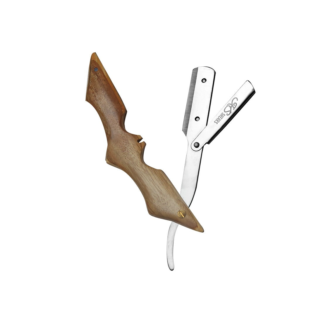 Professional Straight Edge Razor - Bat Wooden Handle - Stainless Steel Edge Razor