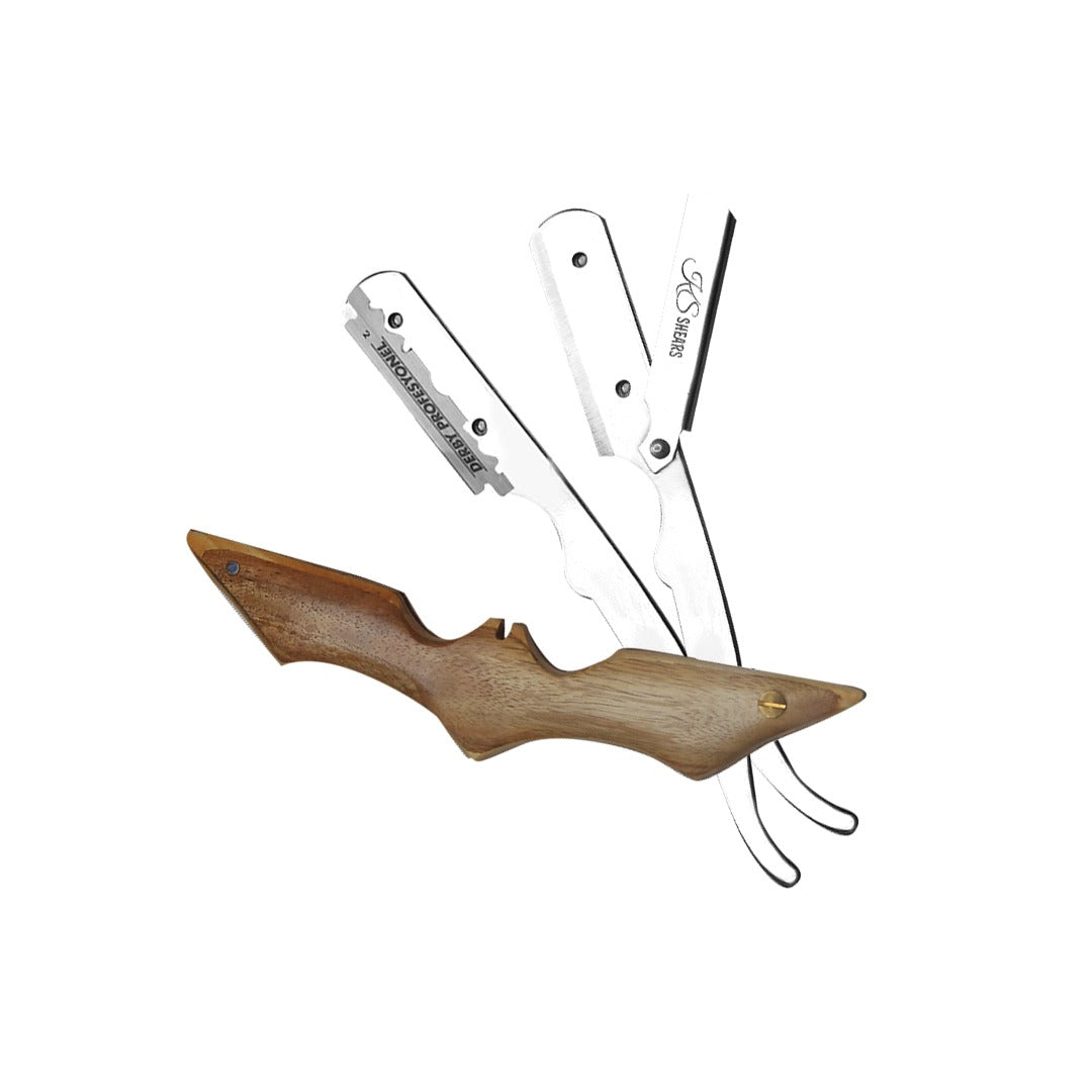 Professional Straight Edge Razor - Bat Wooden Handle - Stainless Steel Edge Razor