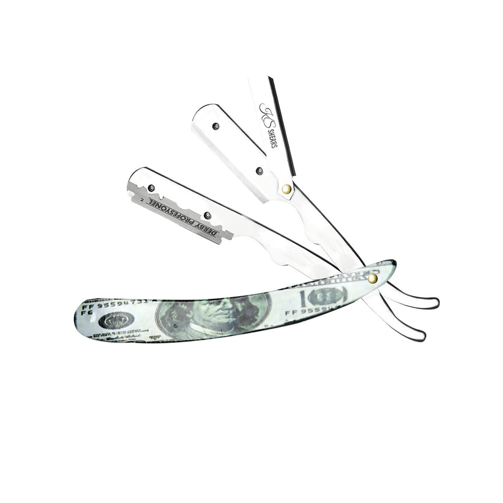 Professional Straight Edge Razor - Dollar Printed Handle - Stainless Steel Edge