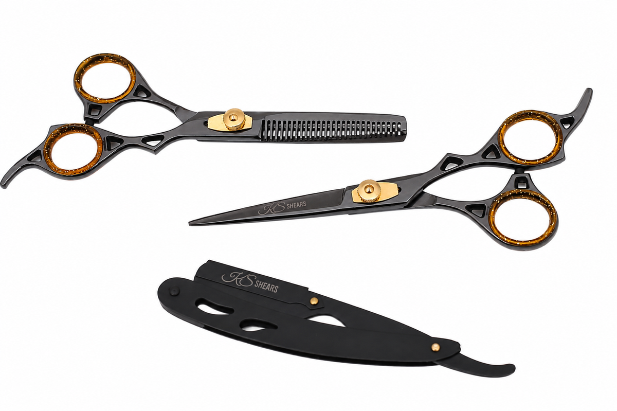 Combo Box - 6.5 Inch Professional Edge Shear + 6.5 Inch Barber Hair Thinning Shears + Straight Edge Razor