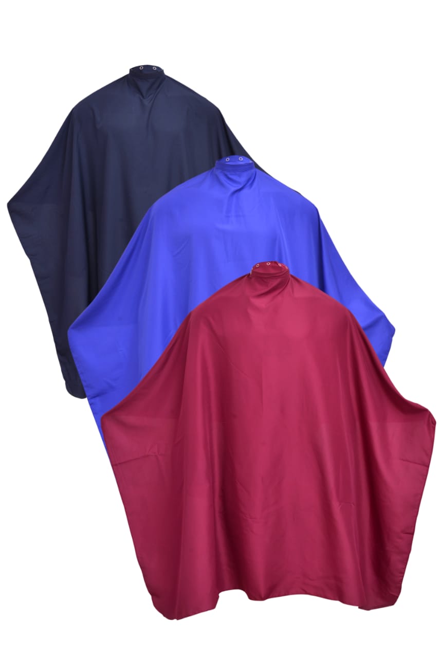 Professional Barber Black Cape - White Plastic Buttons - Super Soft Quality Fabric