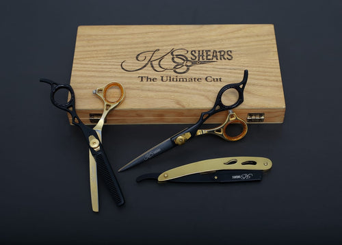 Combo Box - 6.5 Inch Professional Edge Shear + 6.5 Inch Barber Hair Thinning Shears + Straight Edge Razor (Golden - Black)