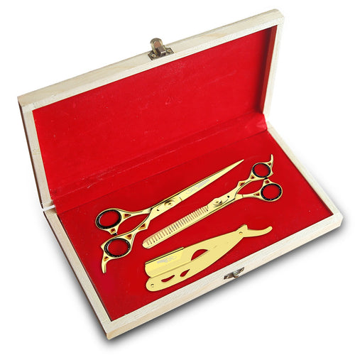 Combo Box - 6.5 Inch Professional Edge Shear + 6.5 Inch Barber Hair Thinning Shears + Straight Edge Razor (Golden)