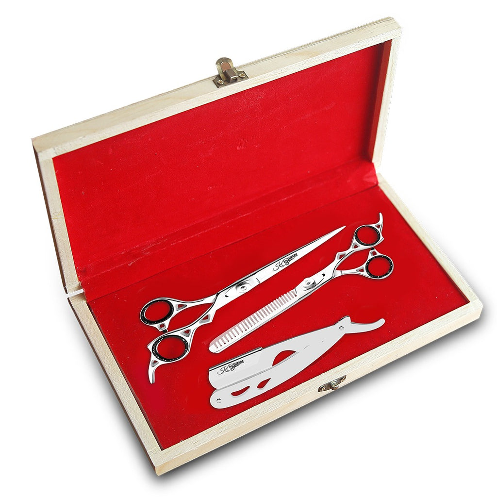 Combo Box - 6.5 Inch Professional Edge Shear + 6.5 Inch Barber Hair Thinning Shears + Straight Edge Razor
