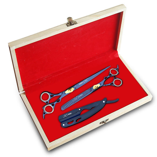 Combo Box - 6.5 Inch Professional Edge Shear + 6.5 Inch Barber Hair Thinning Shears + Straight Edge Razor (Blue)