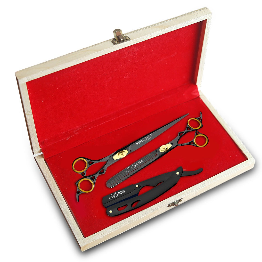 Combo Box - 6.5 Inch Professional Edge Shear + 6.5 Inch Barber Hair Thinning Shears + Straight Edge Razor (Black)