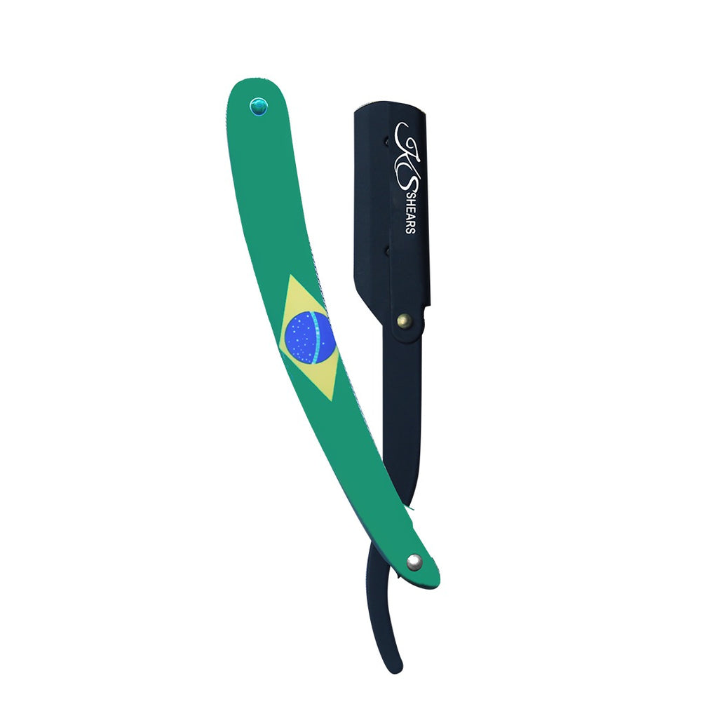 Professional Straight Edge Razor - Brazil Flag Handle - Black Stainless Steel