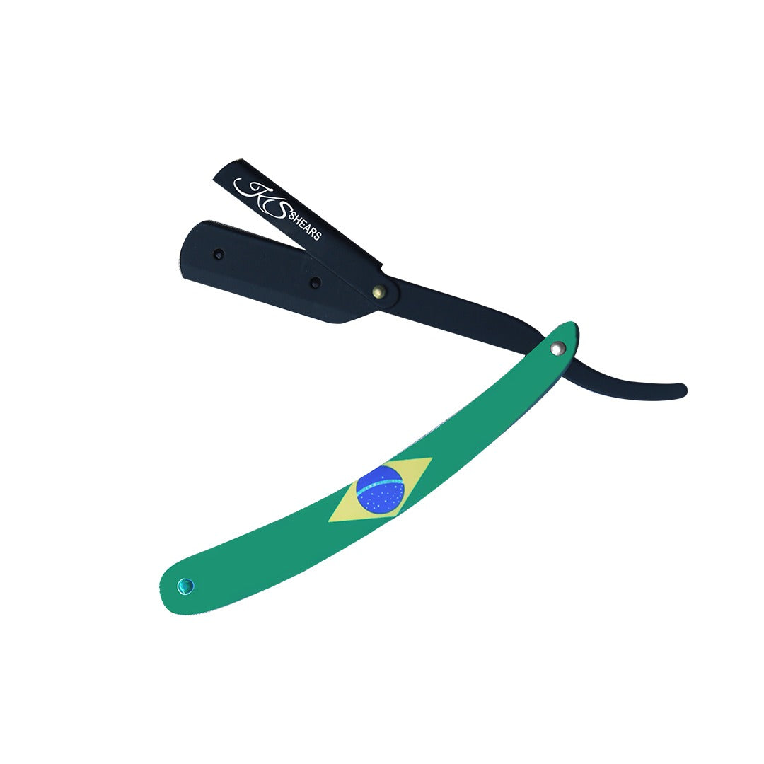 Professional Straight Edge Razor - Brazil Flag Handle - Black Stainless Steel