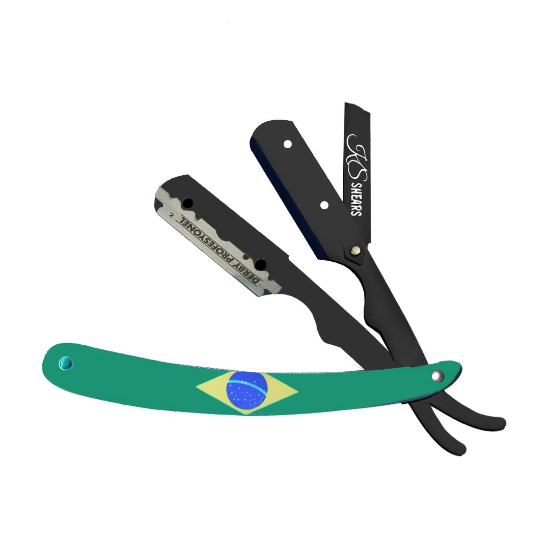 Professional Straight Edge Razor - Brazil Flag Handle - Black Stainless Steel