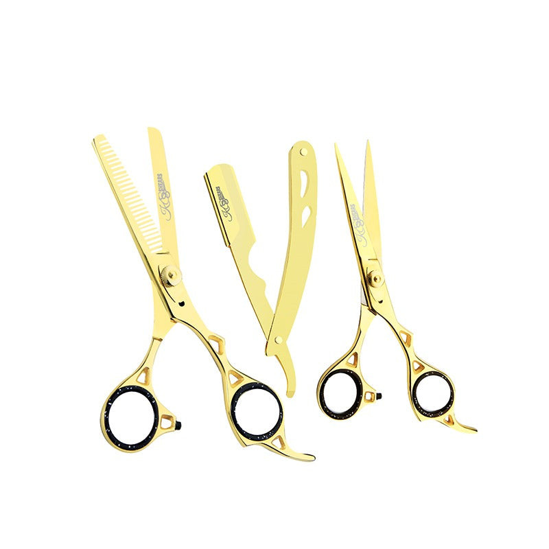 Combo Box - 6.5 Inch Professional Edge Shear + 6.5 Inch Barber Hair Thinning Shears + Straight Edge Razor (Golden)