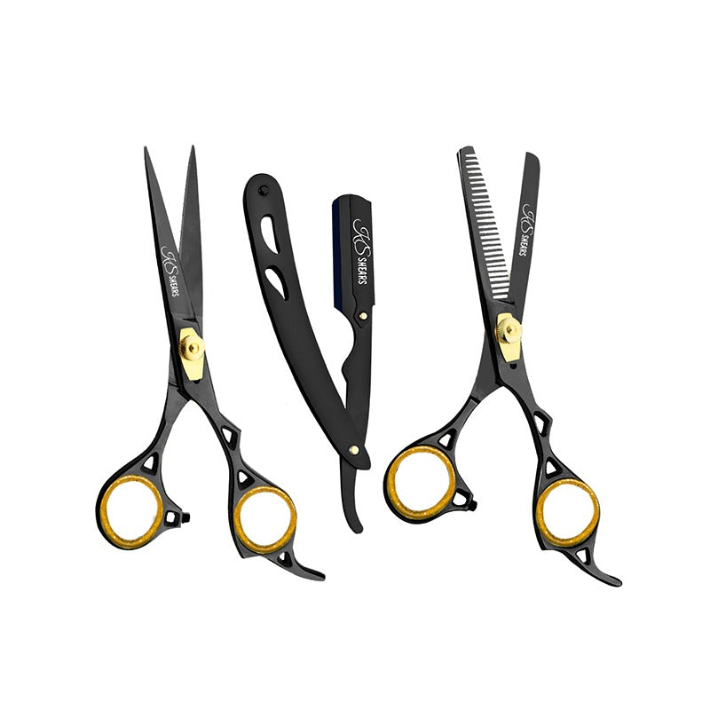 Combo Box - 6.5 Inch Professional Edge Shear + 6.5 Inch Barber Hair Thinning Shears + Straight Edge Razor (Black)
