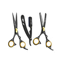 Combo Box - 6.5 Inch Professional Edge Shear + 6.5 Inch Barber Hair Thinning Shears + Straight Edge Razor (Black)