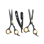 Combo Box - 6.5 Inch Professional Edge Shear + 6.5 Inch Barber Hair Thinning Shears + Straight Edge Razor (Black)
