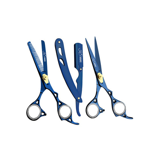 Combo Box - 6.5 Inch Professional Edge Shear + 6.5 Inch Barber Hair Thinning Shears + Straight Edge Razor (Blue)