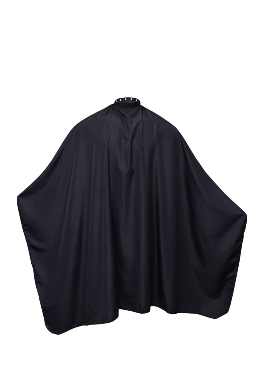 Professional Barber Black Cape - White Plastic Buttons - Super Soft Quality Fabric