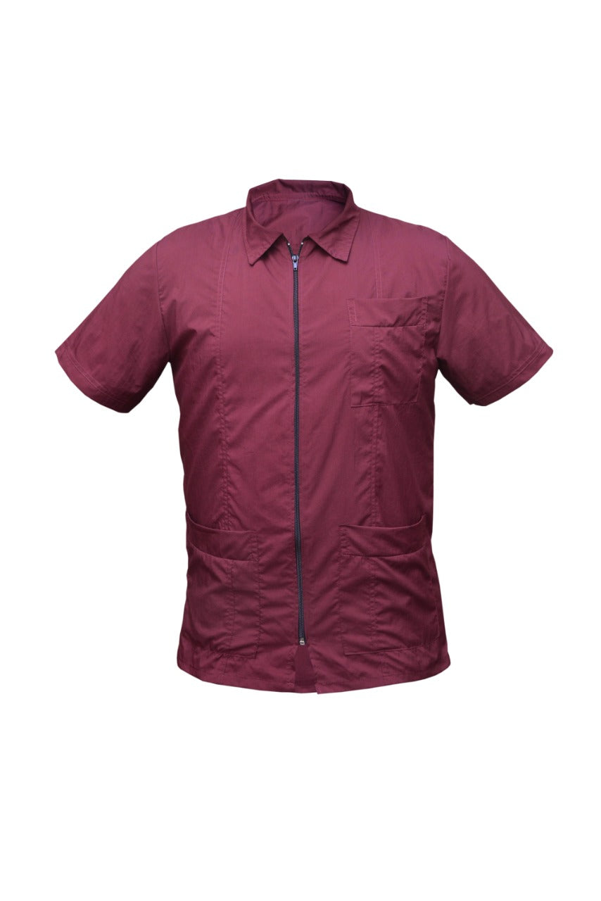 Professional Barber Jacket - Collar - Full Zipper - Maroon - Barber Stylish Look