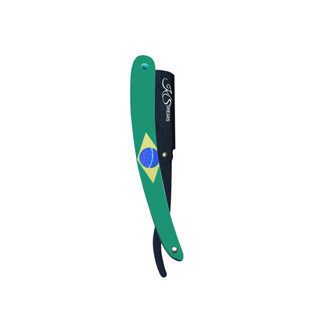 Professional Straight Edge Razor - Brazil Flag Handle - Black Stainless Steel
